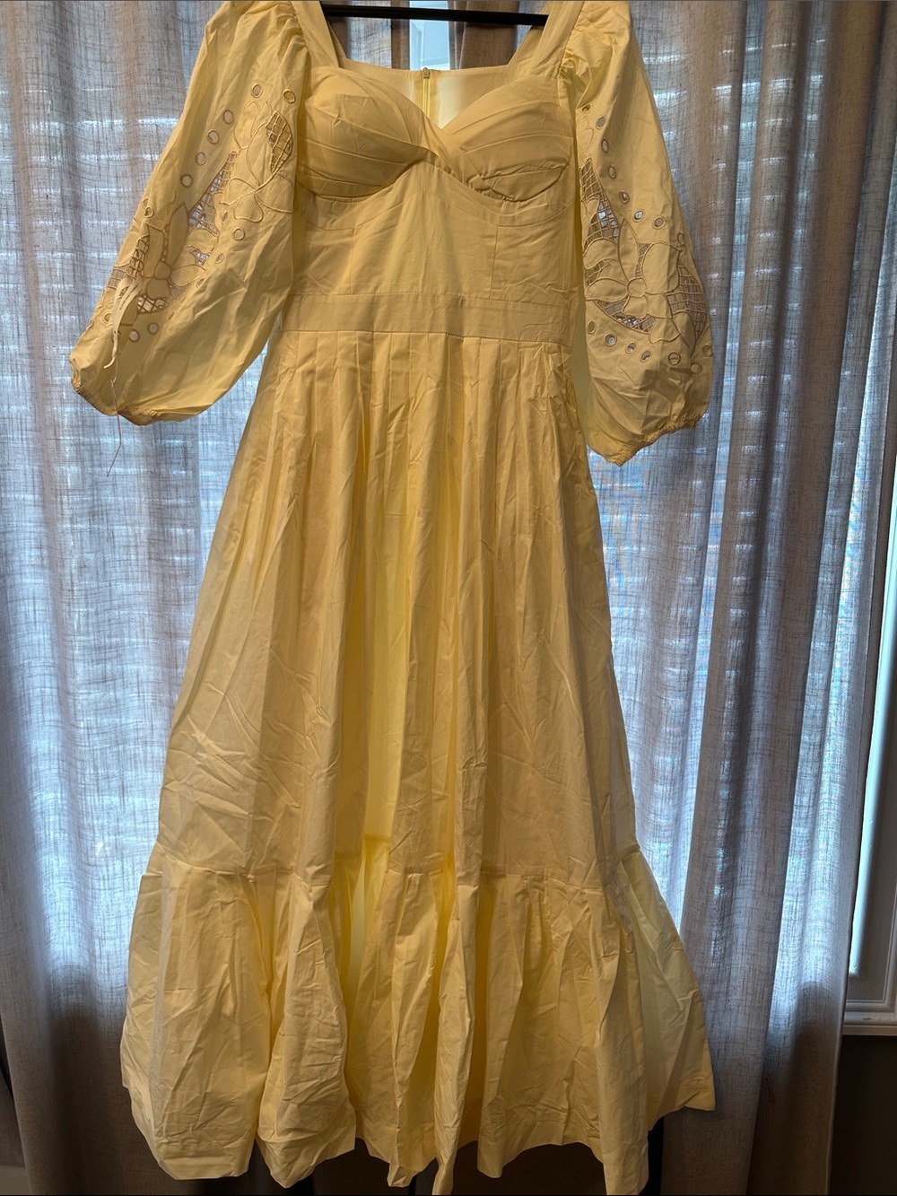 Puff-Sleeve Yellow Maxi Dress with Eyelet Detail